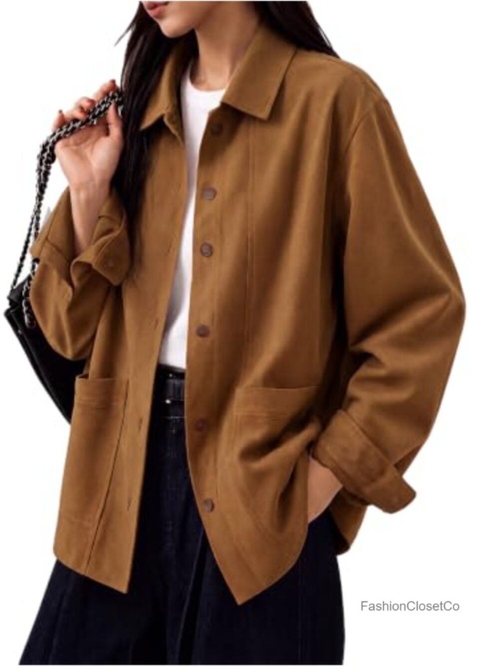 Faux Suede Jacket Button Front Shirt Style Oversized Fall Coat